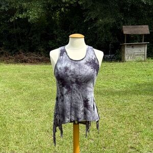 Ginger G Gray & Black Tie-Dye Fringe Tank Top Size Small